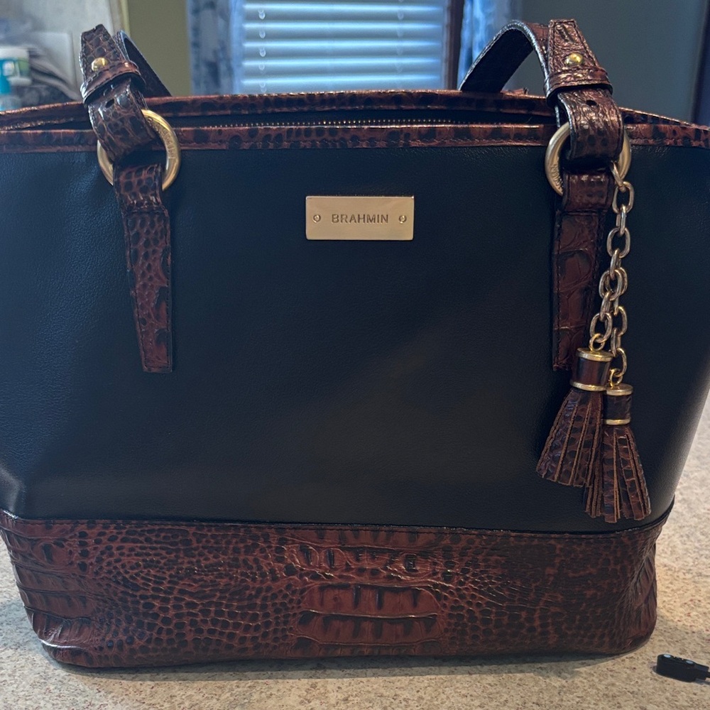 Brahmin Black and Brown Croc-Embossed Shoulder Bag